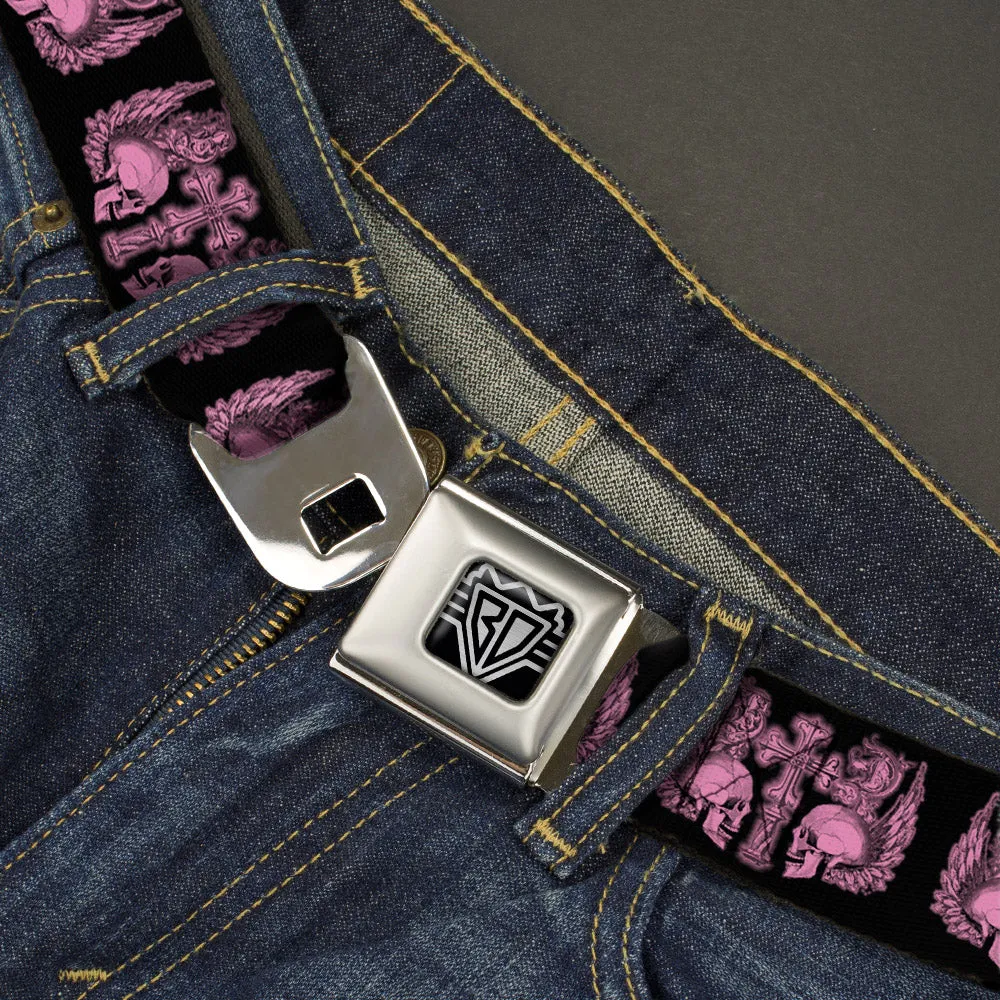 BD Wings Logo CLOSE-UP Full Color Black Silver Seatbelt Belt - BD Skulls w/Wings Black/Pink Webbing