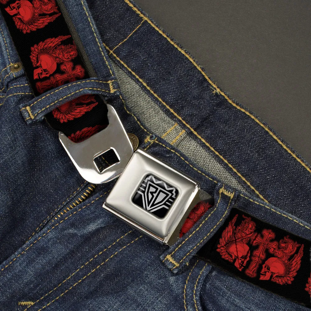 BD Wings Logo CLOSE-UP Full Color Black Silver Seatbelt Belt - BD Skulls w/Wings Black/Red Webbing