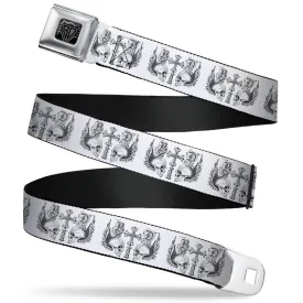 BD Wings Logo CLOSE-UP Full Color Black Silver Seatbelt Belt - BD Skulls w/Wings White/Black Webbing