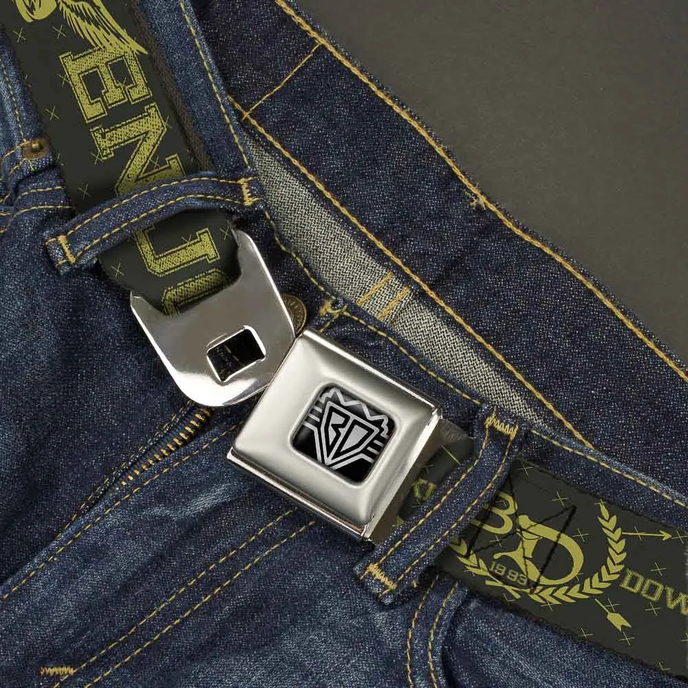 BD Wings Logo CLOSE-UP Full Color Black Silver Seatbelt Belt - BD Winged Skull ENJOY THE RIDE Olive/Lime Green Webbing