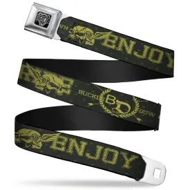 BD Wings Logo CLOSE-UP Full Color Black Silver Seatbelt Belt - BD Winged Skull ENJOY THE RIDE Olive/Lime Green Webbing