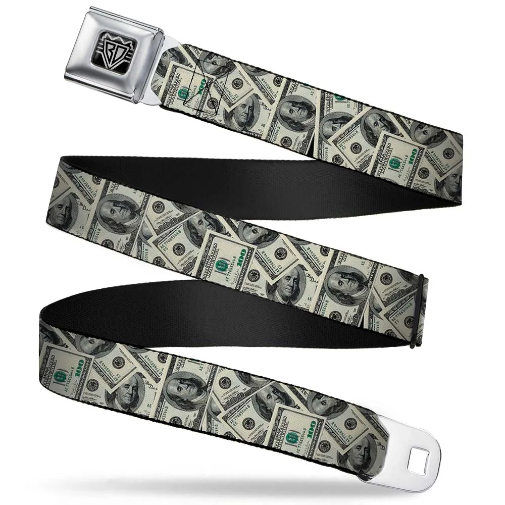 BD Wings Logo CLOSE-UP Full Color Black Silver Seatbelt Belt - Benjamins2 Stacked Webbing