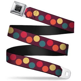 BD Wings Logo CLOSE-UP Full Color Black Silver Seatbelt Belt - Big Dots Purple/Multi Pastel Webbing