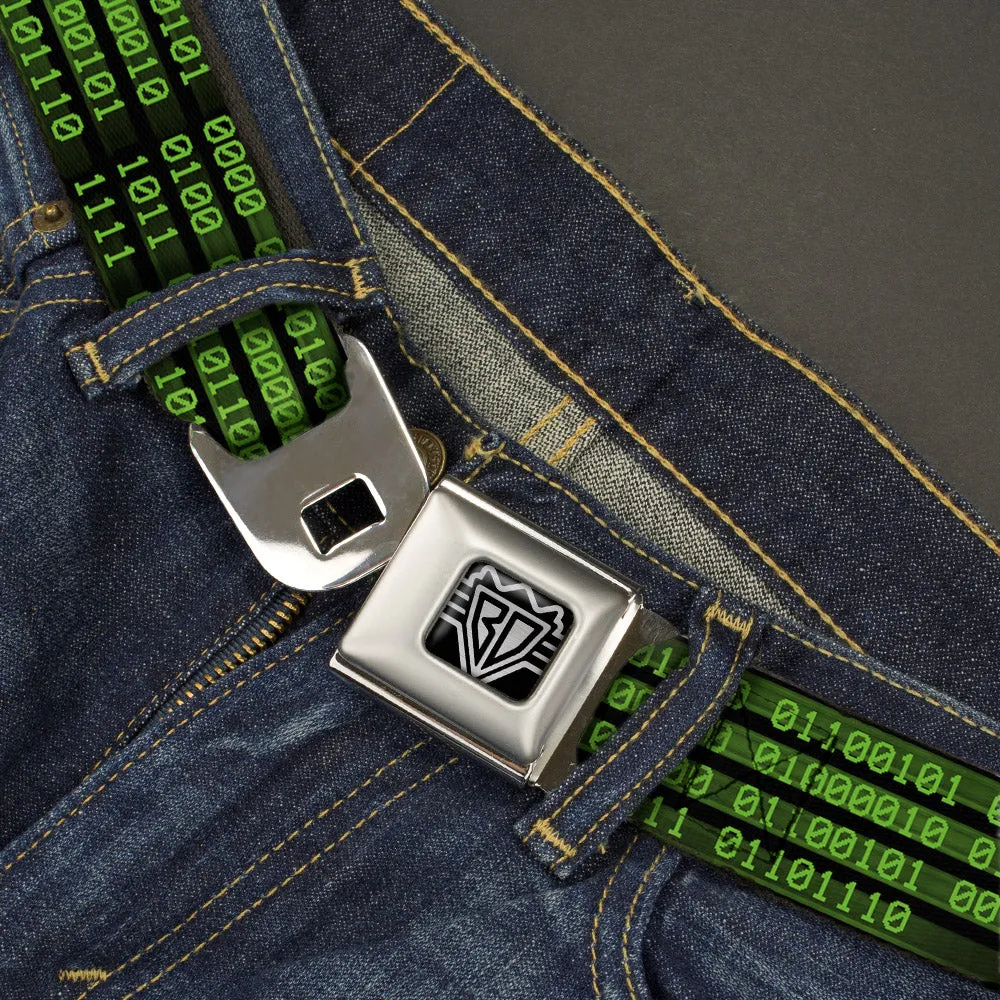 BD Wings Logo CLOSE-UP Full Color Black Silver Seatbelt Belt - Binary Code Black/Green Webbing