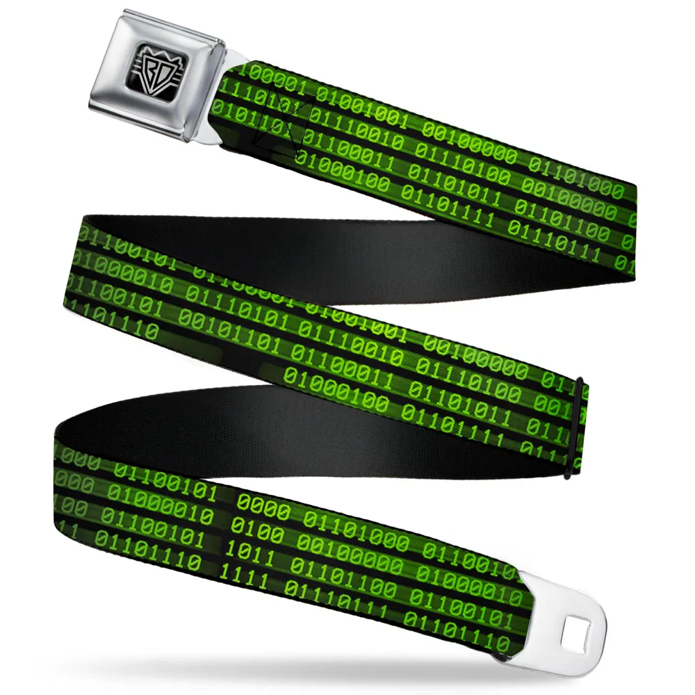 BD Wings Logo CLOSE-UP Full Color Black Silver Seatbelt Belt - Binary Code Black/Green Webbing