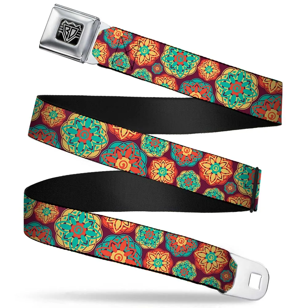 BD Wings Logo CLOSE-UP Full Color Black Silver Seatbelt Belt - Boho Mandala Burgundy/Yellow/Turquoise/Orange Webbing