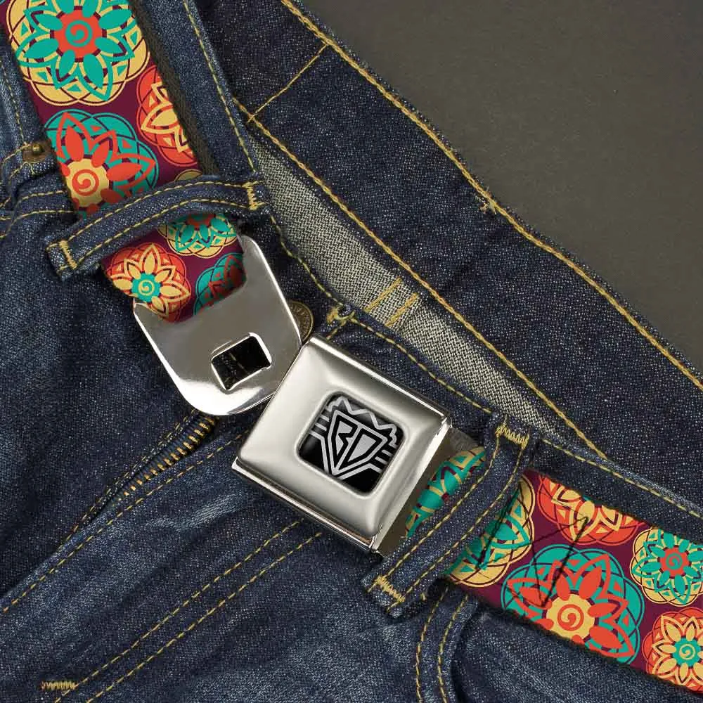 BD Wings Logo CLOSE-UP Full Color Black Silver Seatbelt Belt - Boho Mandala Burgundy/Yellow/Turquoise/Orange Webbing