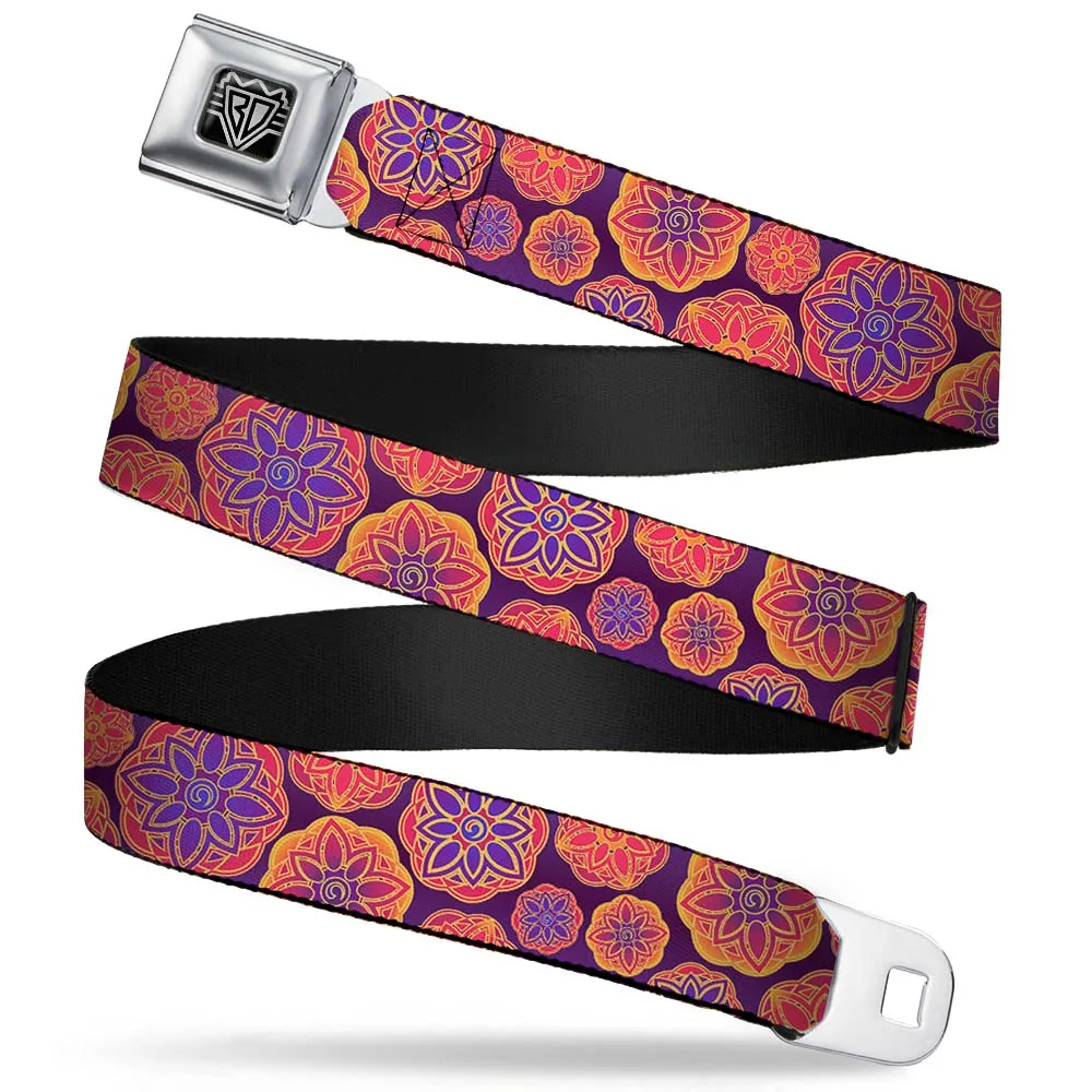 BD Wings Logo CLOSE-UP Full Color Black Silver Seatbelt Belt - Boho Mandala Purples/Oranges/Pinks Webbing