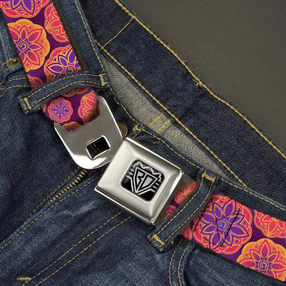 BD Wings Logo CLOSE-UP Full Color Black Silver Seatbelt Belt - Boho Mandala Purples/Oranges/Pinks Webbing