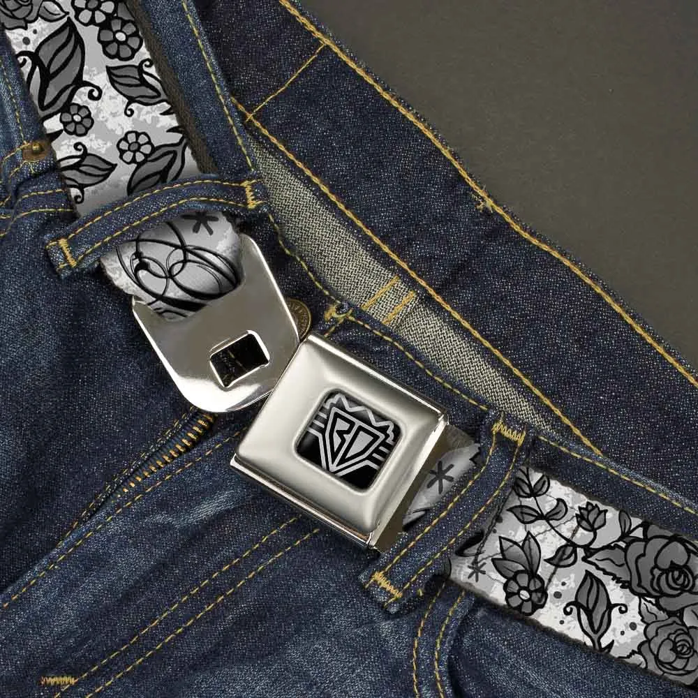 BD Wings Logo CLOSE-UP Full Color Black Silver Seatbelt Belt - Born to Blossom Black/White Webbing