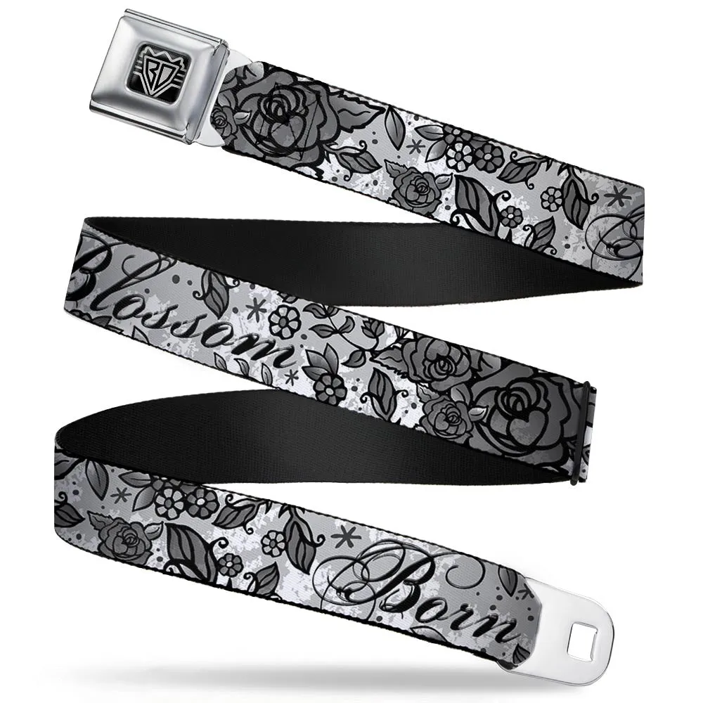 BD Wings Logo CLOSE-UP Full Color Black Silver Seatbelt Belt - Born to Blossom Black/White Webbing