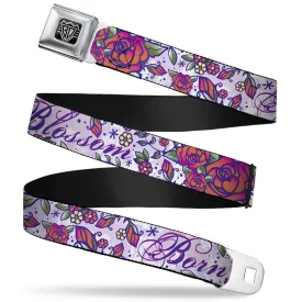 BD Wings Logo CLOSE-UP Full Color Black Silver Seatbelt Belt - Born to Blossom Blue Webbing