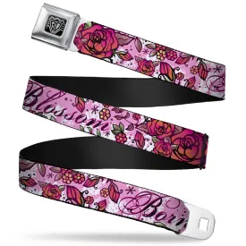 BD Wings Logo CLOSE-UP Full Color Black Silver Seatbelt Belt - Born to Blossom Pink Webbing