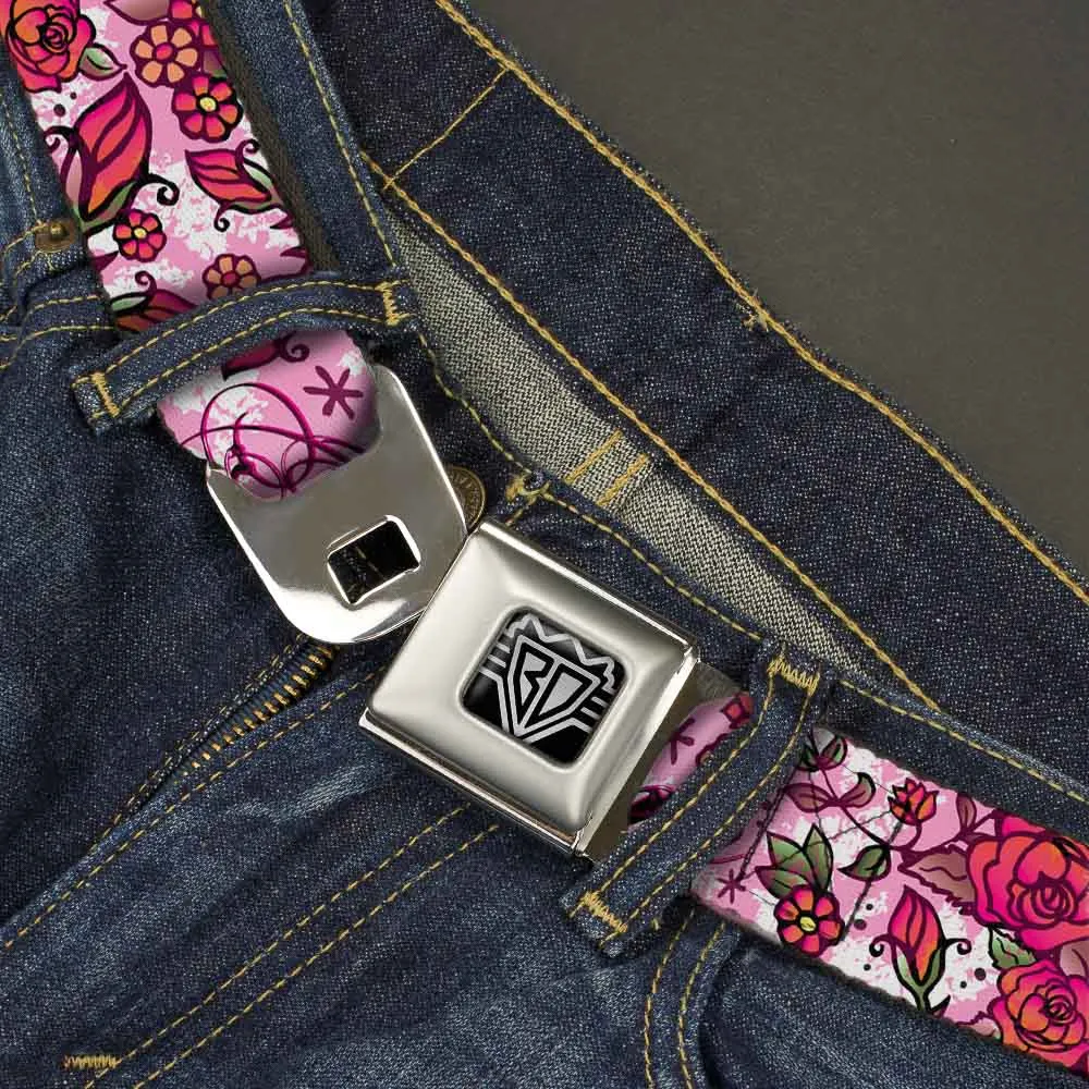 BD Wings Logo CLOSE-UP Full Color Black Silver Seatbelt Belt - Born to Blossom Pink Webbing