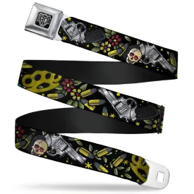 BD Wings Logo CLOSE-UP Full Color Black Silver Seatbelt Belt - Born to Raise Hell CLOSE-UP Black Webbing