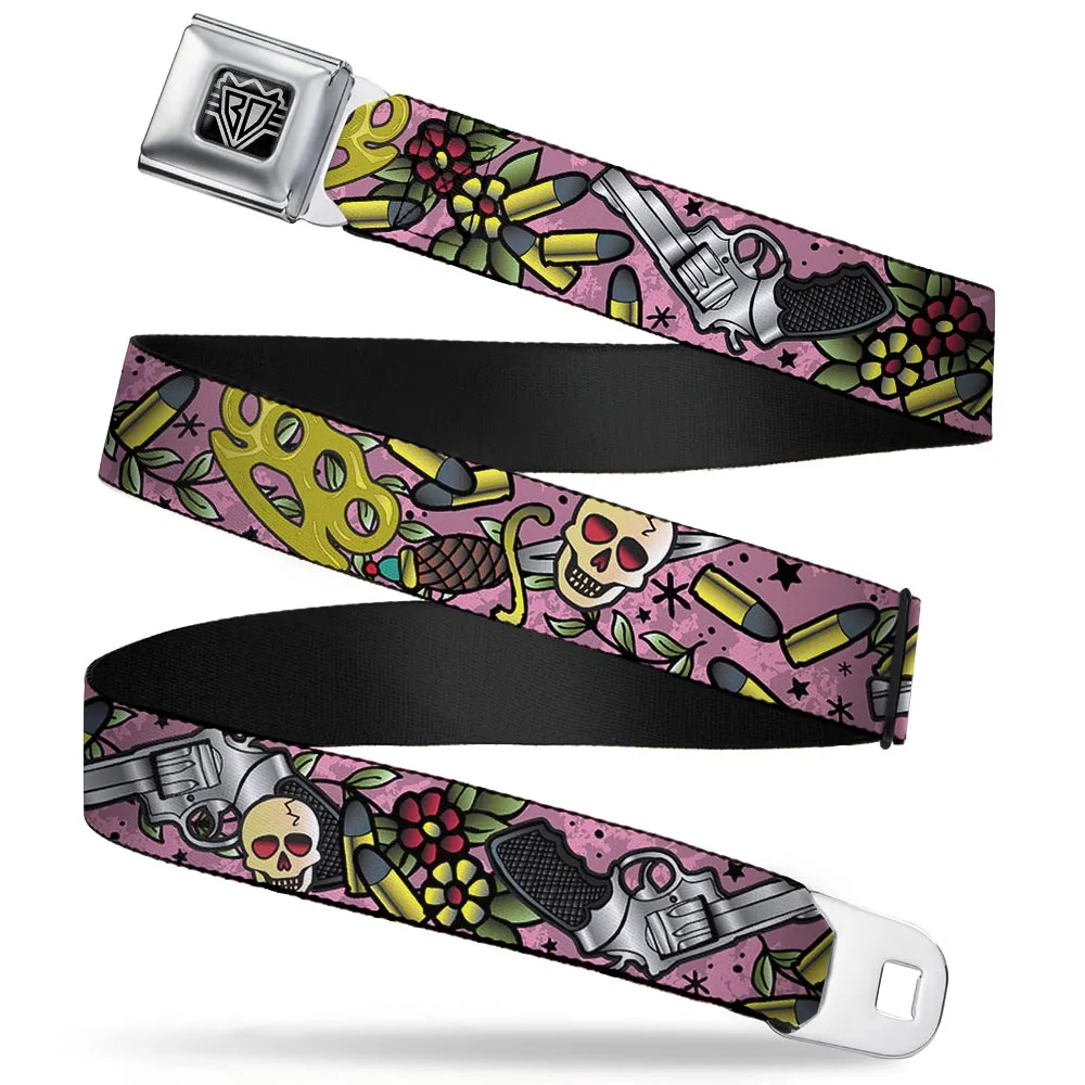 BD Wings Logo CLOSE-UP Full Color Black Silver Seatbelt Belt - Born to Raise Hell CLOSE-UP Pink Webbing