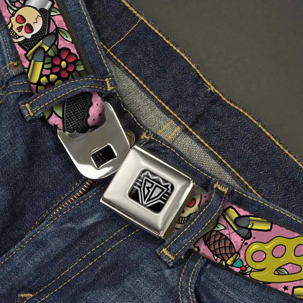 BD Wings Logo CLOSE-UP Full Color Black Silver Seatbelt Belt - Born to Raise Hell CLOSE-UP Pink Webbing