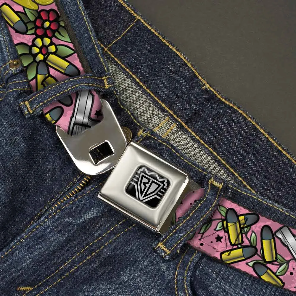 BD Wings Logo CLOSE-UP Full Color Black Silver Seatbelt Belt - Born to Raise Hell Pink Webbing