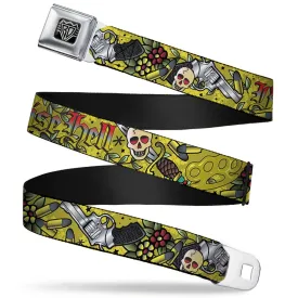 BD Wings Logo CLOSE-UP Full Color Black Silver Seatbelt Belt - Born to Raise Hell Yellow Webbing