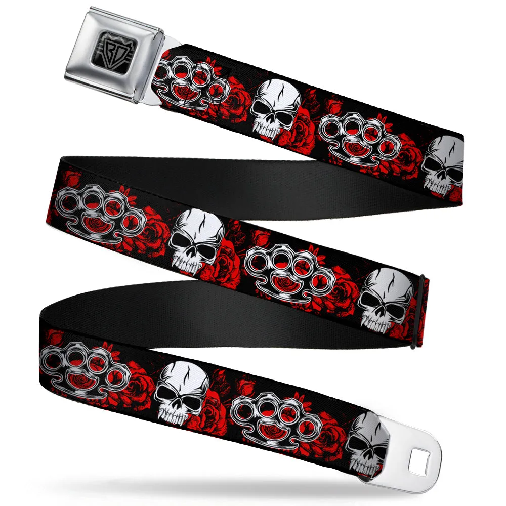 BD Wings Logo CLOSE-UP Full Color Black Silver Seatbelt Belt - Brass Knuckles/Skulls/Roses Black/Red/White Webbing