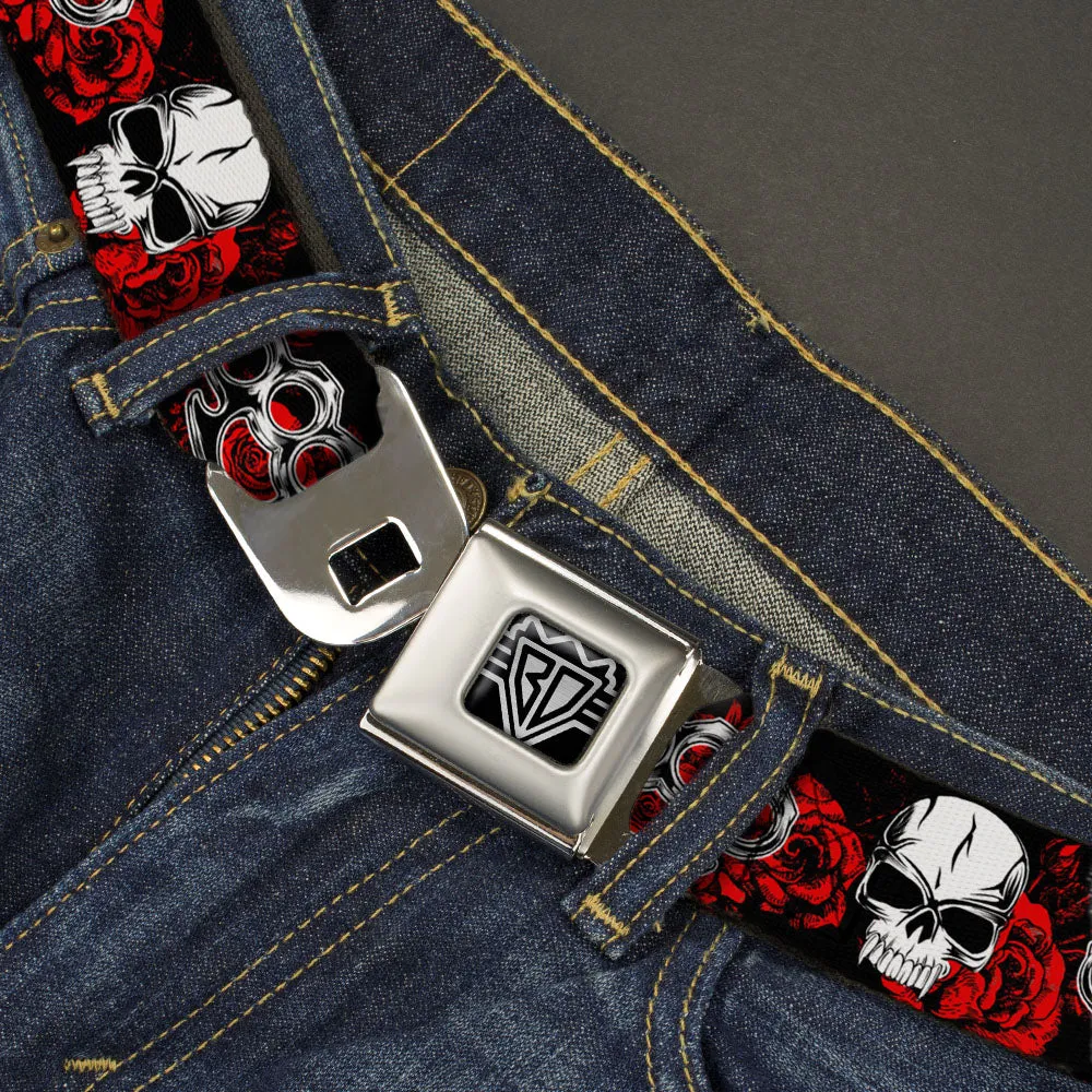 BD Wings Logo CLOSE-UP Full Color Black Silver Seatbelt Belt - Brass Knuckles/Skulls/Roses Black/Red/White Webbing