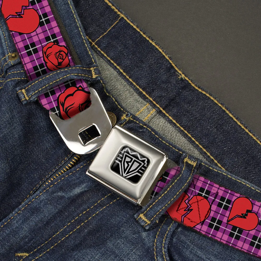 BD Wings Logo CLOSE-UP Full Color Black Silver Seatbelt Belt - Broken Hearts & Roses w/Fuchsia Plaid Webbing