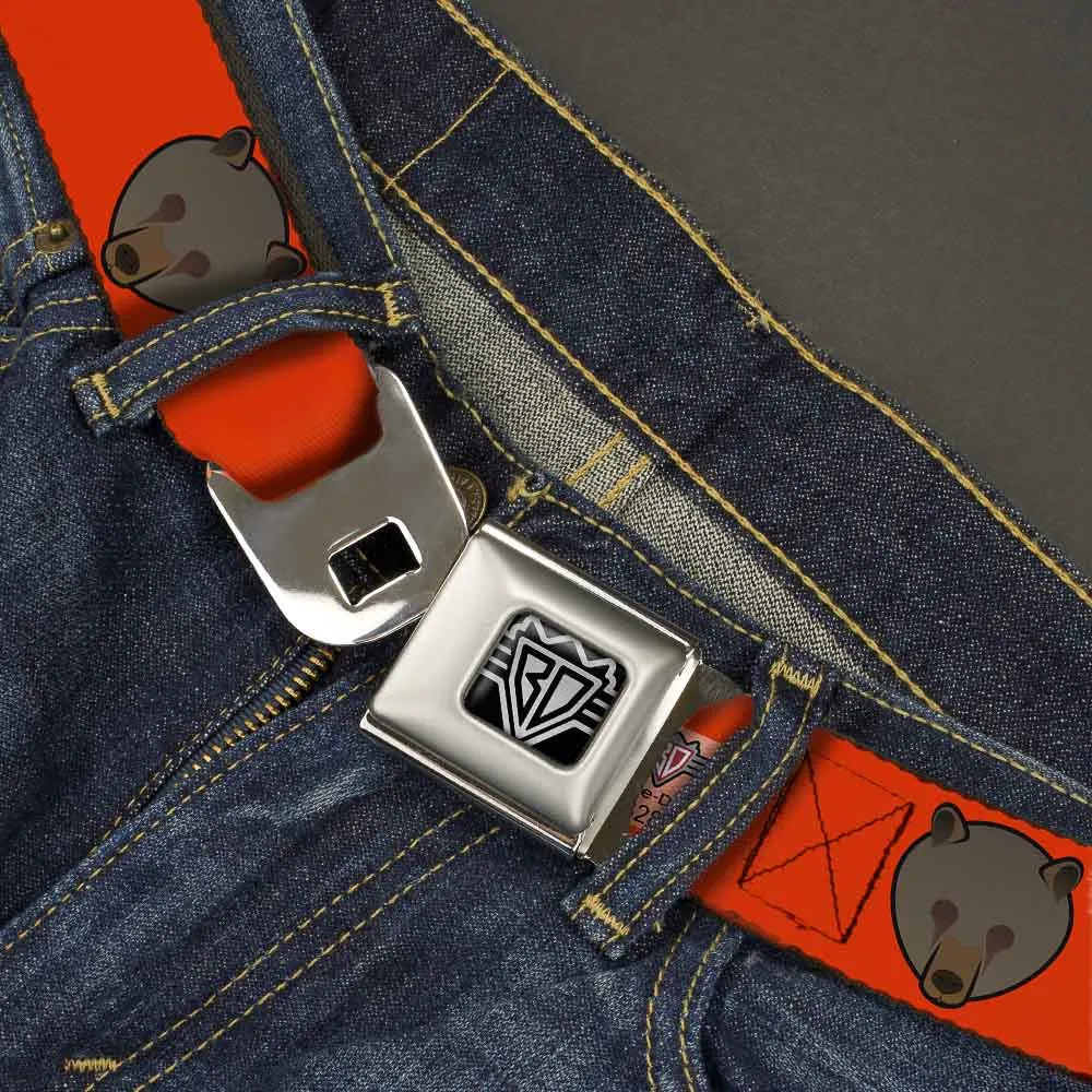 BD Wings Logo CLOSE-UP Full Color Black Silver Seatbelt Belt - Brown Bear Repeat Orange Webbing