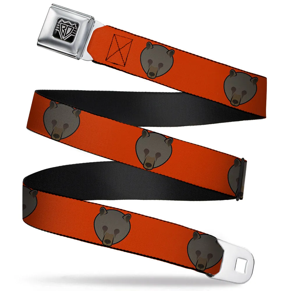 BD Wings Logo CLOSE-UP Full Color Black Silver Seatbelt Belt - Brown Bear Repeat Orange Webbing