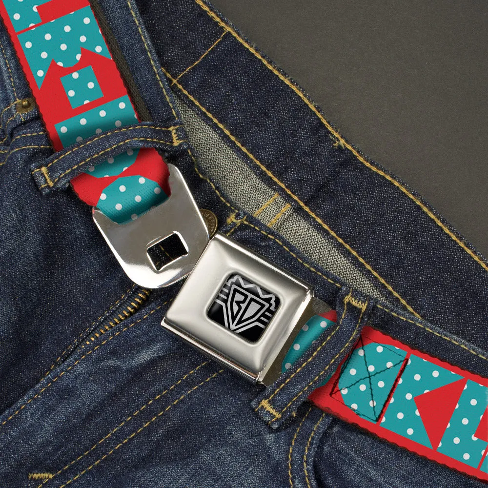 BD Wings Logo CLOSE-UP Full Color Black Silver Seatbelt Belt - BUCKLE-DOWN Shapes Red/Dot Turquoise/White Webbing