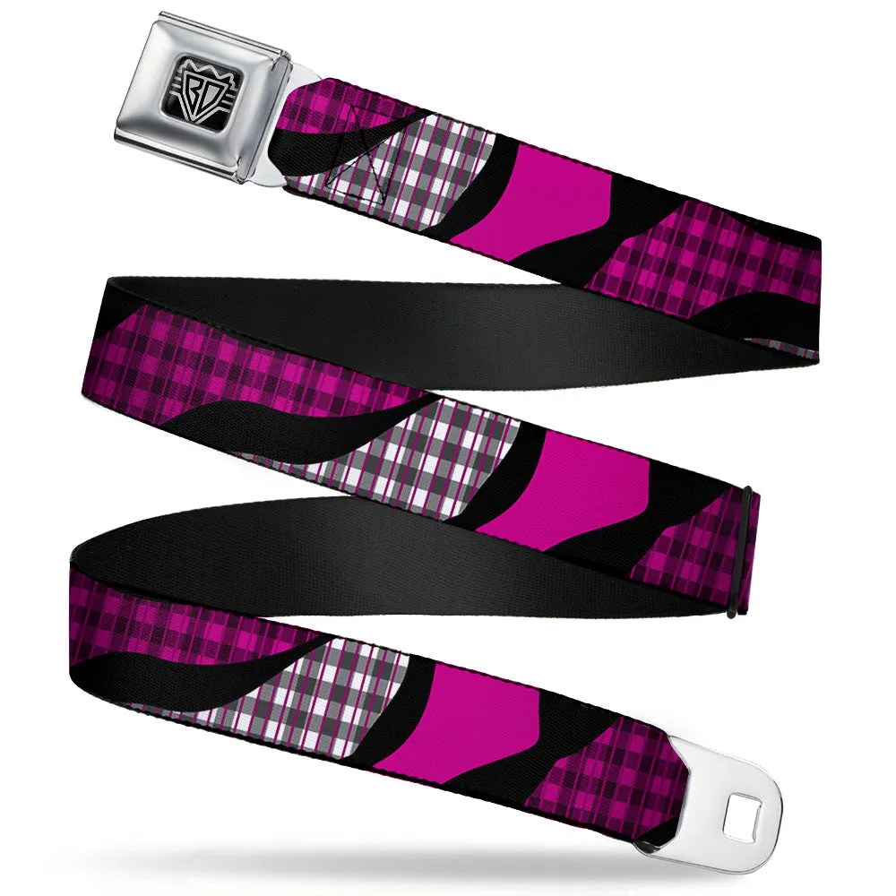 BD Wings Logo CLOSE-UP Full Color Black Silver Seatbelt Belt - Buffalo Plaid Abstract White/Black/Fuchsia Webbing