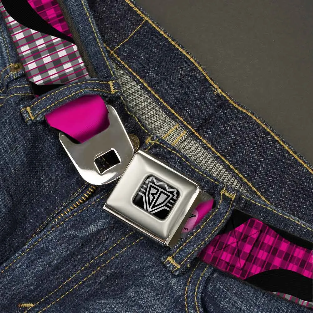 BD Wings Logo CLOSE-UP Full Color Black Silver Seatbelt Belt - Buffalo Plaid Abstract White/Black/Fuchsia Webbing