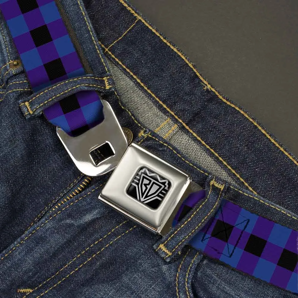 BD Wings Logo CLOSE-UP Full Color Black Silver Seatbelt Belt - Buffalo Plaid Black/Blue Webbing