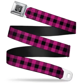 BD Wings Logo CLOSE-UP Full Color Black Silver Seatbelt Belt - Buffalo Plaid Black/Fuchsia Webbing