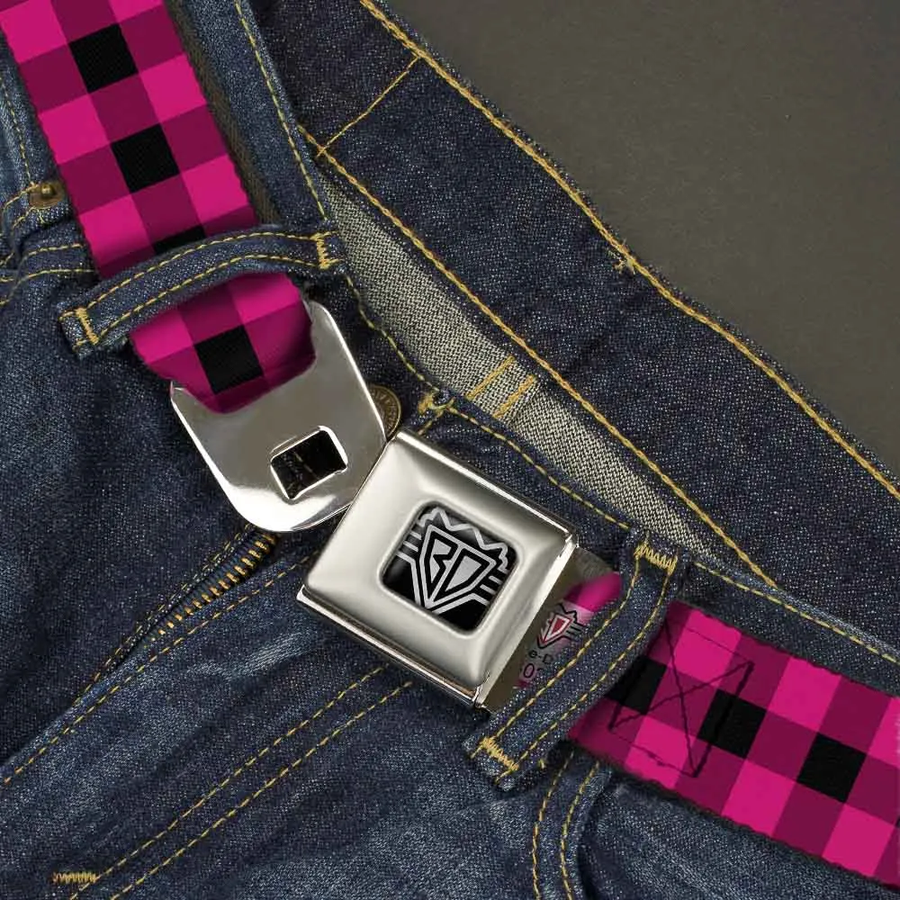 BD Wings Logo CLOSE-UP Full Color Black Silver Seatbelt Belt - Buffalo Plaid Black/Fuchsia Webbing