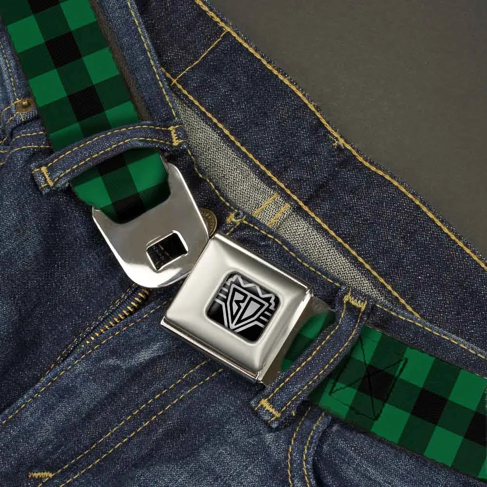 BD Wings Logo CLOSE-UP Full Color Black Silver Seatbelt Belt - Buffalo Plaid Black/Green Webbing