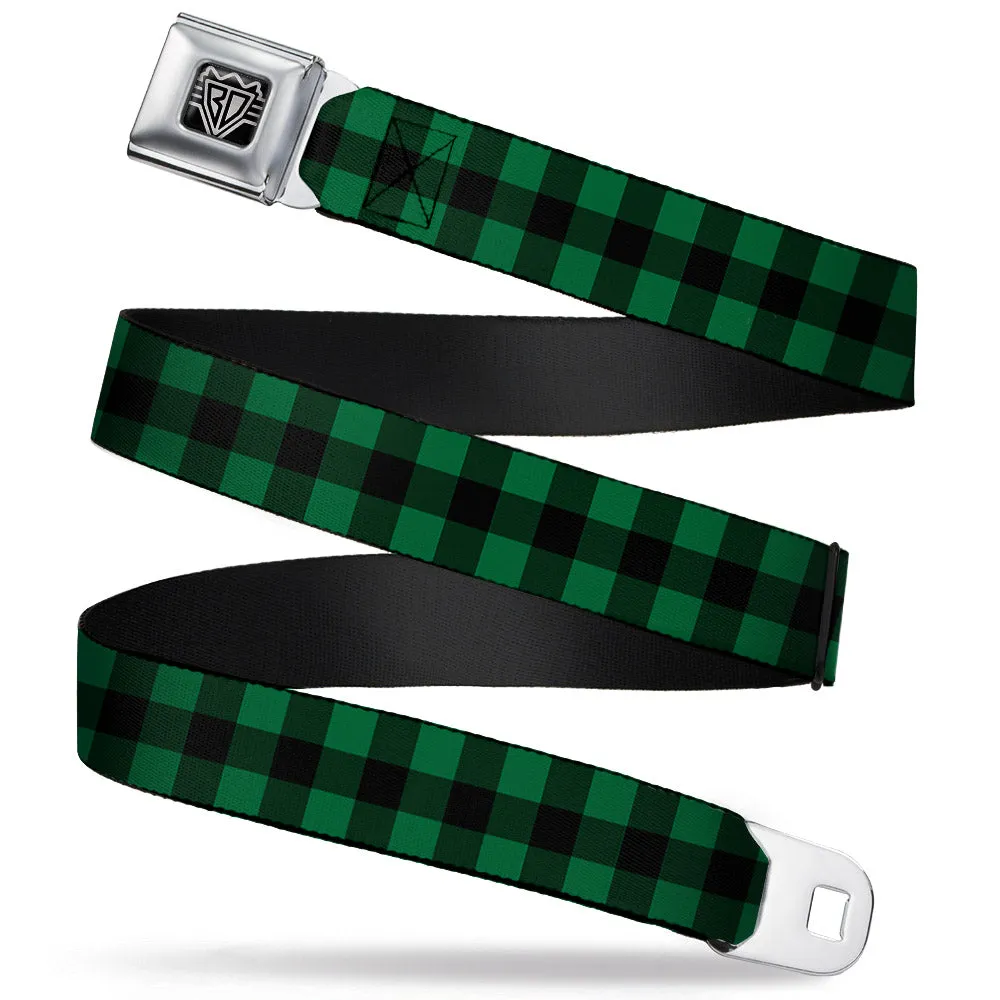 BD Wings Logo CLOSE-UP Full Color Black Silver Seatbelt Belt - Buffalo Plaid Black/Green Webbing