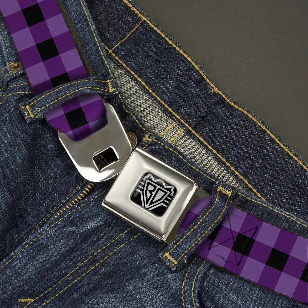 BD Wings Logo CLOSE-UP Full Color Black Silver Seatbelt Belt - Buffalo Plaid Black/Purple Webbing