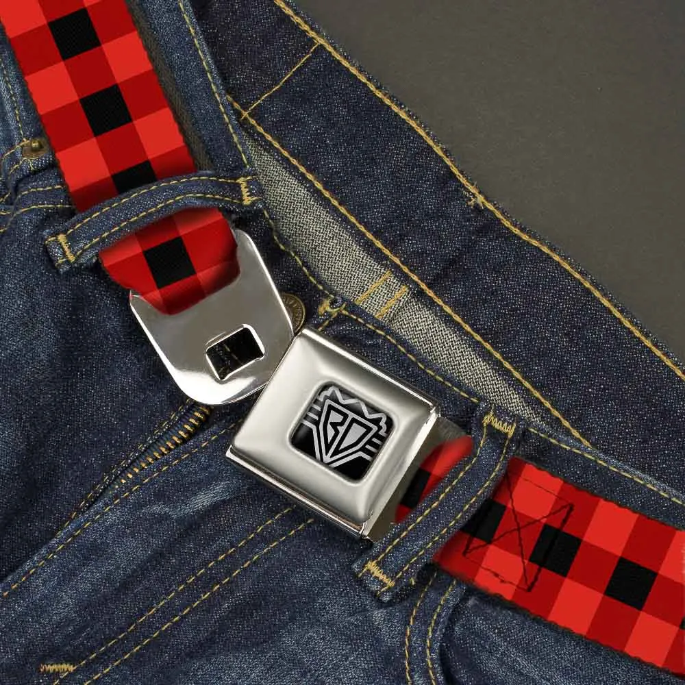 BD Wings Logo CLOSE-UP Full Color Black Silver Seatbelt Belt - Buffalo Plaid Black/Red Webbing