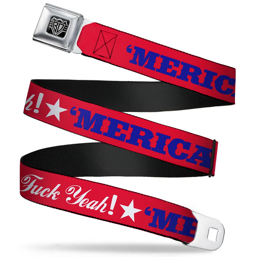 BD Wings Logo CLOSE-UP Full Color Black Silver Seatbelt Belt - 'MERICA FUCK YEAH!/Star Red/Blue/White Webbing