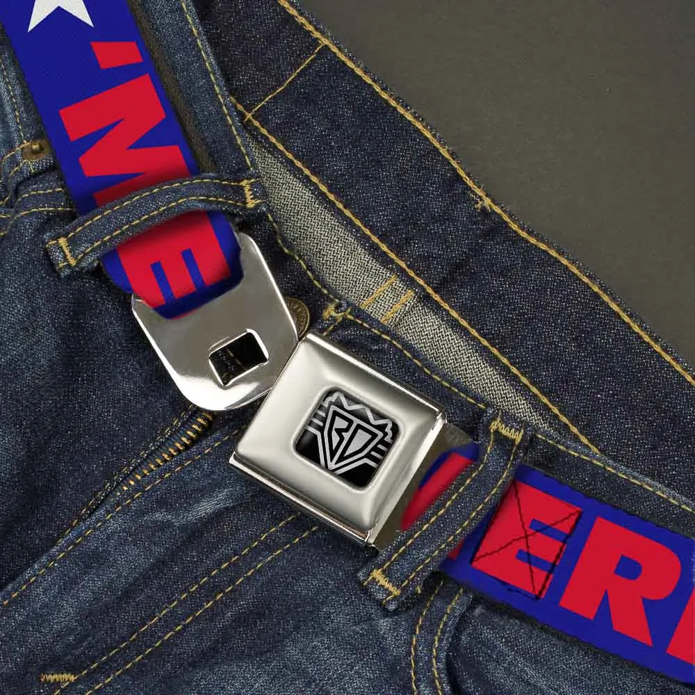 BD Wings Logo CLOSE-UP Full Color Black Silver Seatbelt Belt - 'MERICA/Star Blue/Red/White Webbing