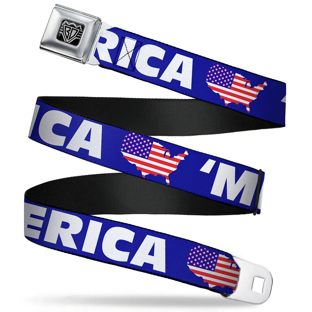 BD Wings Logo CLOSE-UP Full Color Black Silver Seatbelt Belt - 'MERICA/USA Silhouette Blue/White/US Flag Webbing