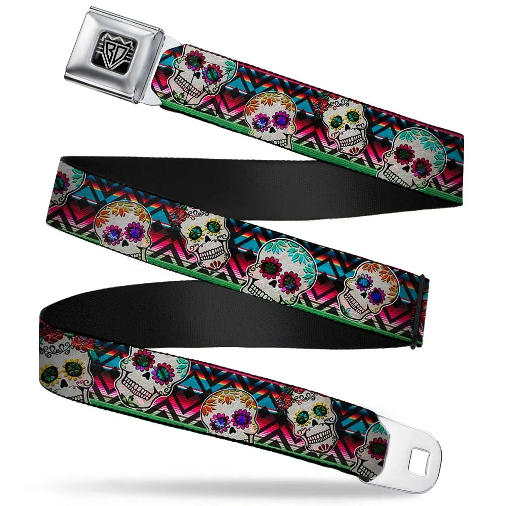 BD Wings Logo CLOSE-UP Full Color Black Silver Seatbelt Belt - Sugar Skulls Zarape Multi Color Webbing by Buckle-Down