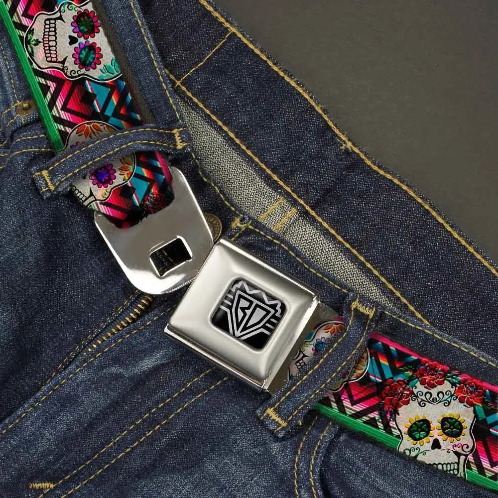 BD Wings Logo CLOSE-UP Full Color Black Silver Seatbelt Belt - Sugar Skulls Zarape Multi Color Webbing by Buckle-Down