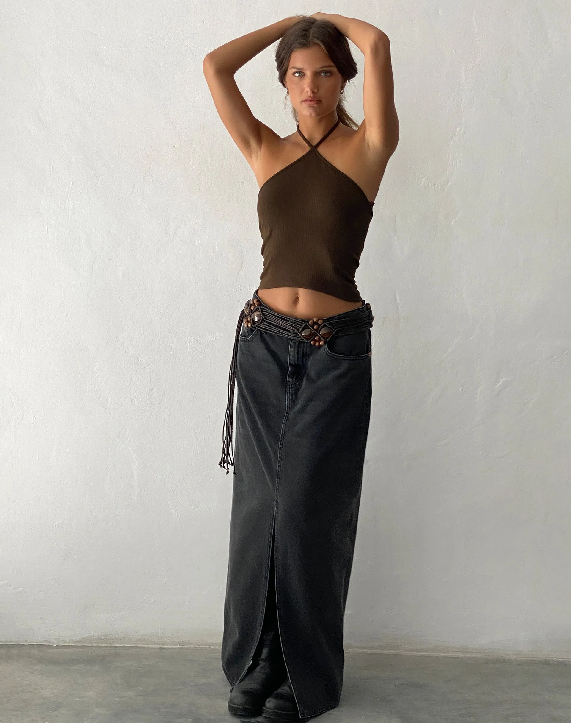 Beri Ribbed Halterneck Top in Brown