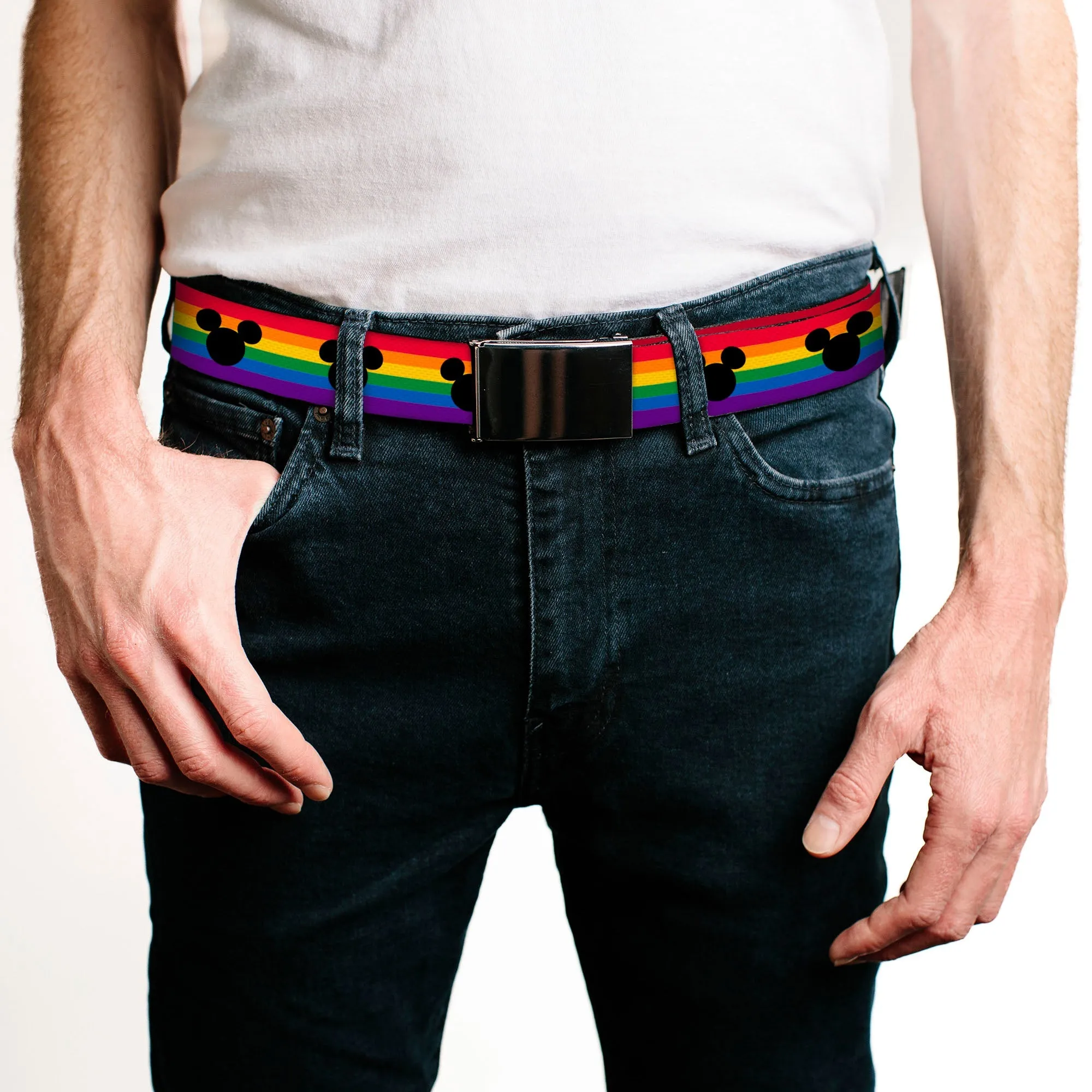 Black Buckle Web Belt - Mickey Mouse Ears Icon Rainbow Pride Flag Webbing by Buckle-Down