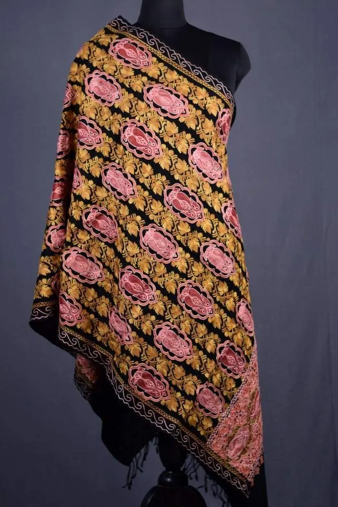 Black Color Kashmiri Work Embroidered Stole Enriched With Floral Paisley Pattern