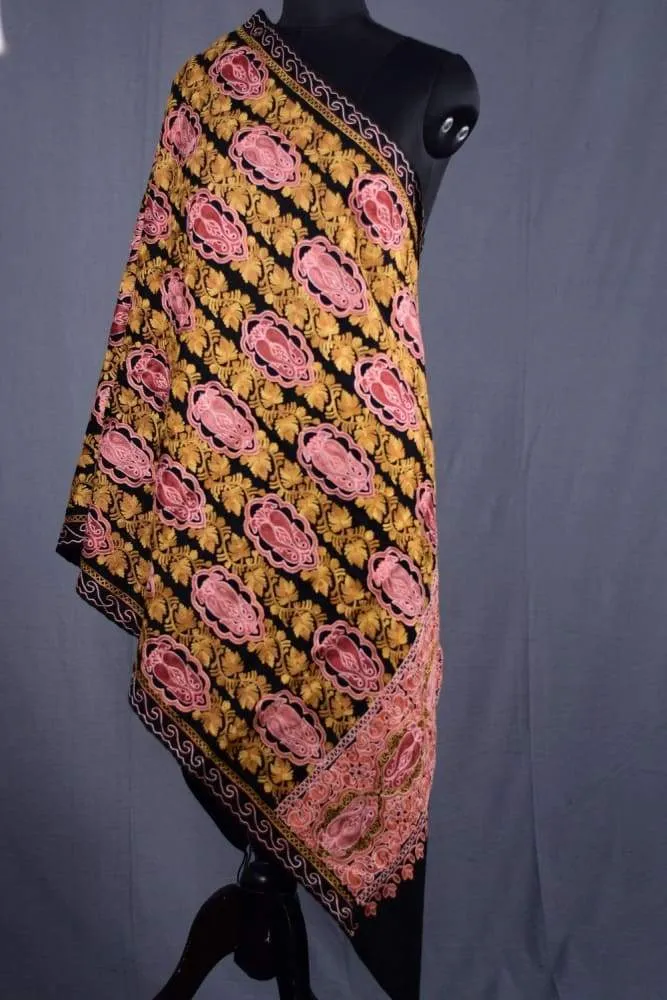 Black Color Kashmiri Work Embroidered Stole Enriched With Floral Paisley Pattern