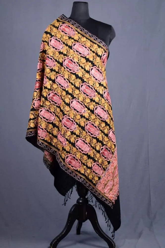 Black Color Kashmiri Work Embroidered Stole Enriched With Floral Paisley Pattern