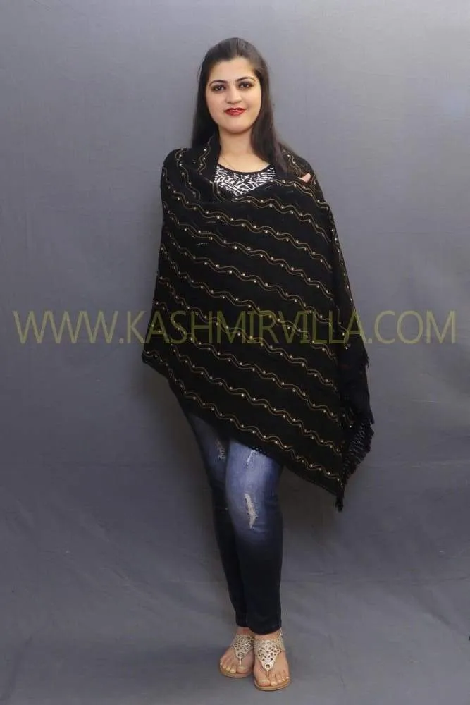 Black Coloured Knitting Stole Enriched With New Zig Zag Pattern.