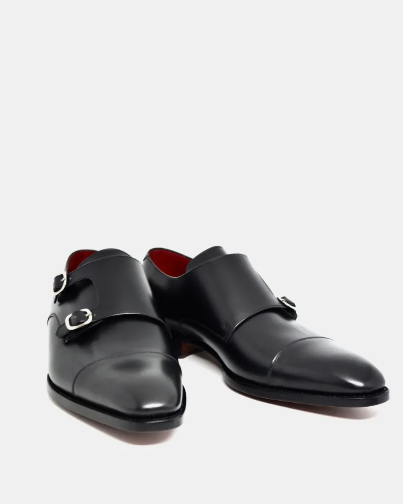 Black Double Monk Strap Dress Shoe with Rubber Half Soles